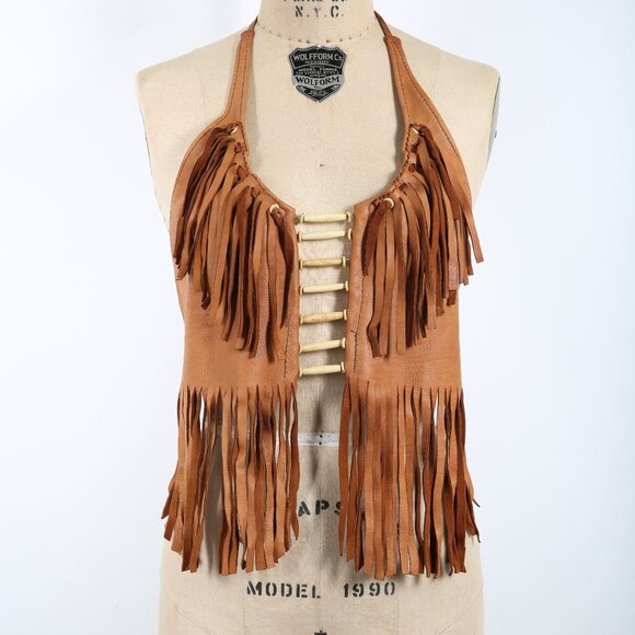 Artisan Handmade Leather Halter Top with Fringe & Beads Stagecoach Biker Rock - Picture 1 of 5